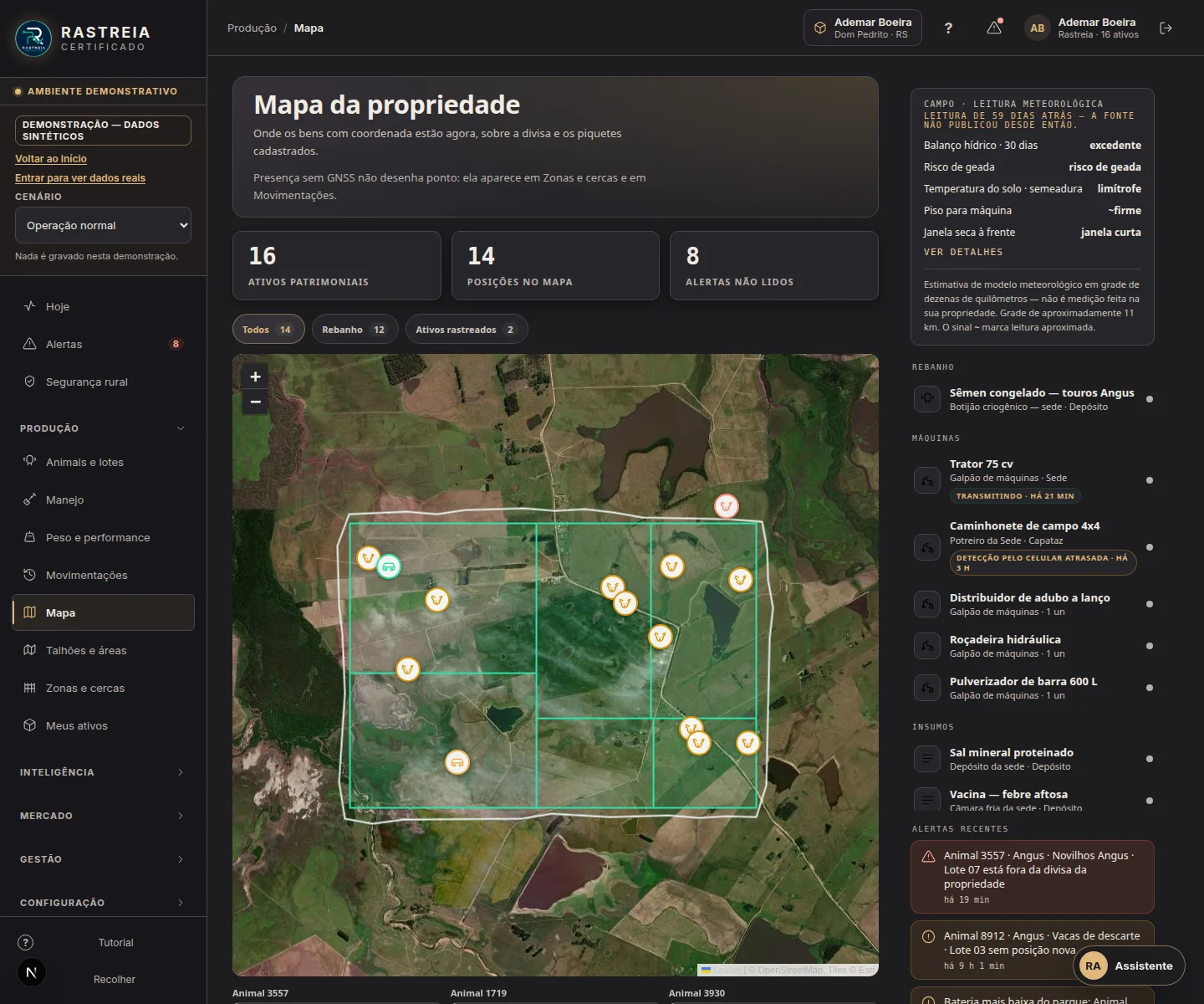 Mapa e painel de ativos do portal Rastreia no ambiente demonstrativo, com dados sintéticos.